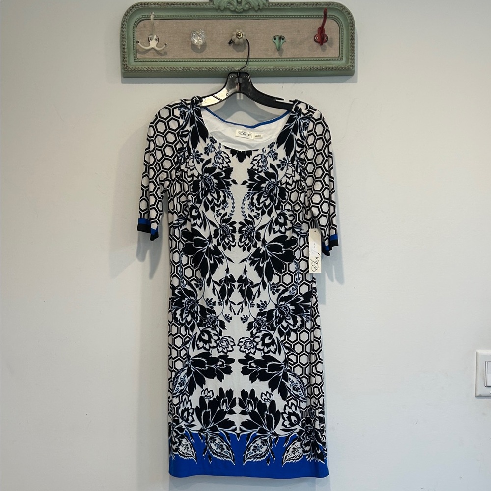 Eliza J Black, White & Blue Floral Print Mini Dress women’s size 6 new